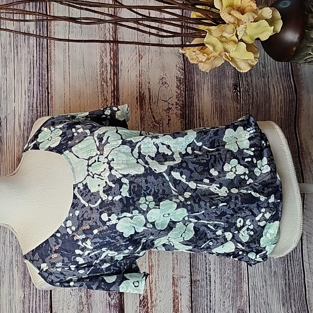 NWT INC INTERNATIONAL CONCEPTS BLUE FLORAL SEQUIN COLD SHOULDER PULLOVER TOP